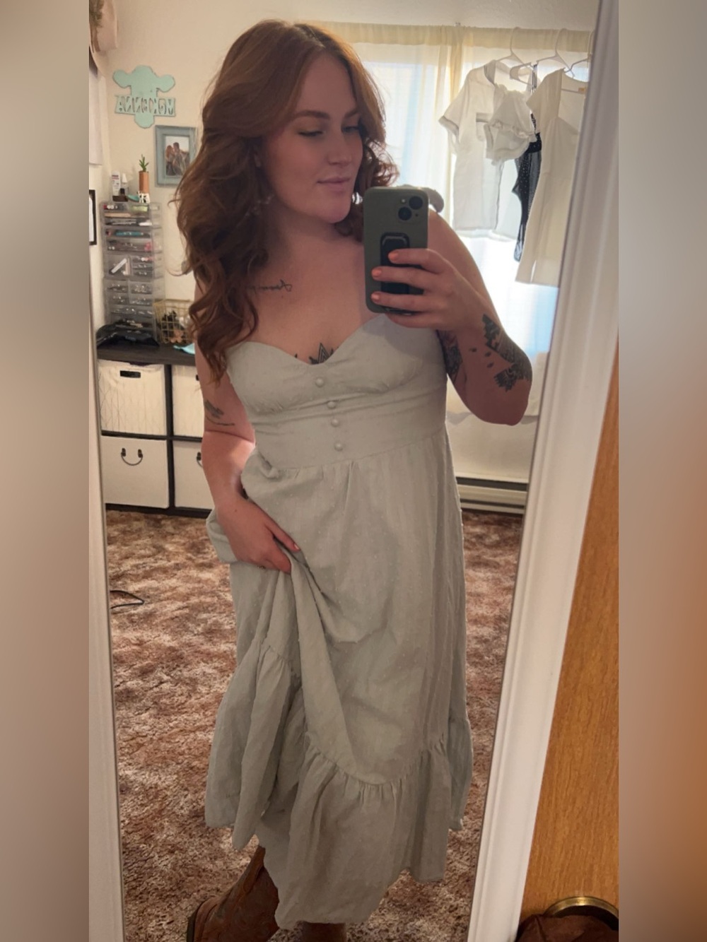 (3 for $25) SHEIN Light Mint Ruffled Midi Dress with Tie-Strap Bodice